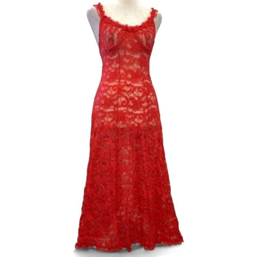 Vintage Inner Most Red Lace Maxi Slip Dress 80s S